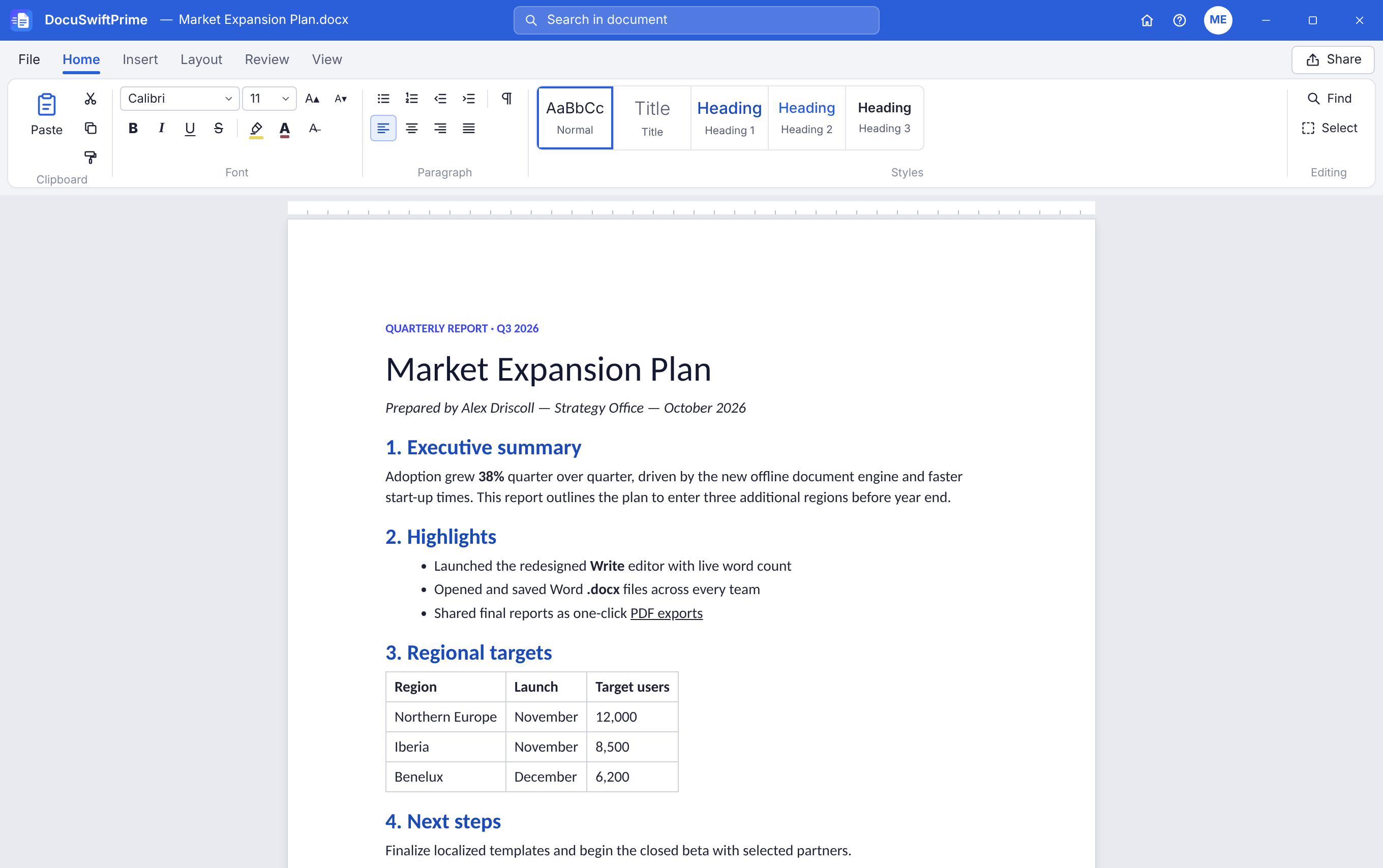 DocuSwiftPrime Write editor showing a formatted quarterly report with a ribbon toolbar, styles gallery and a table.