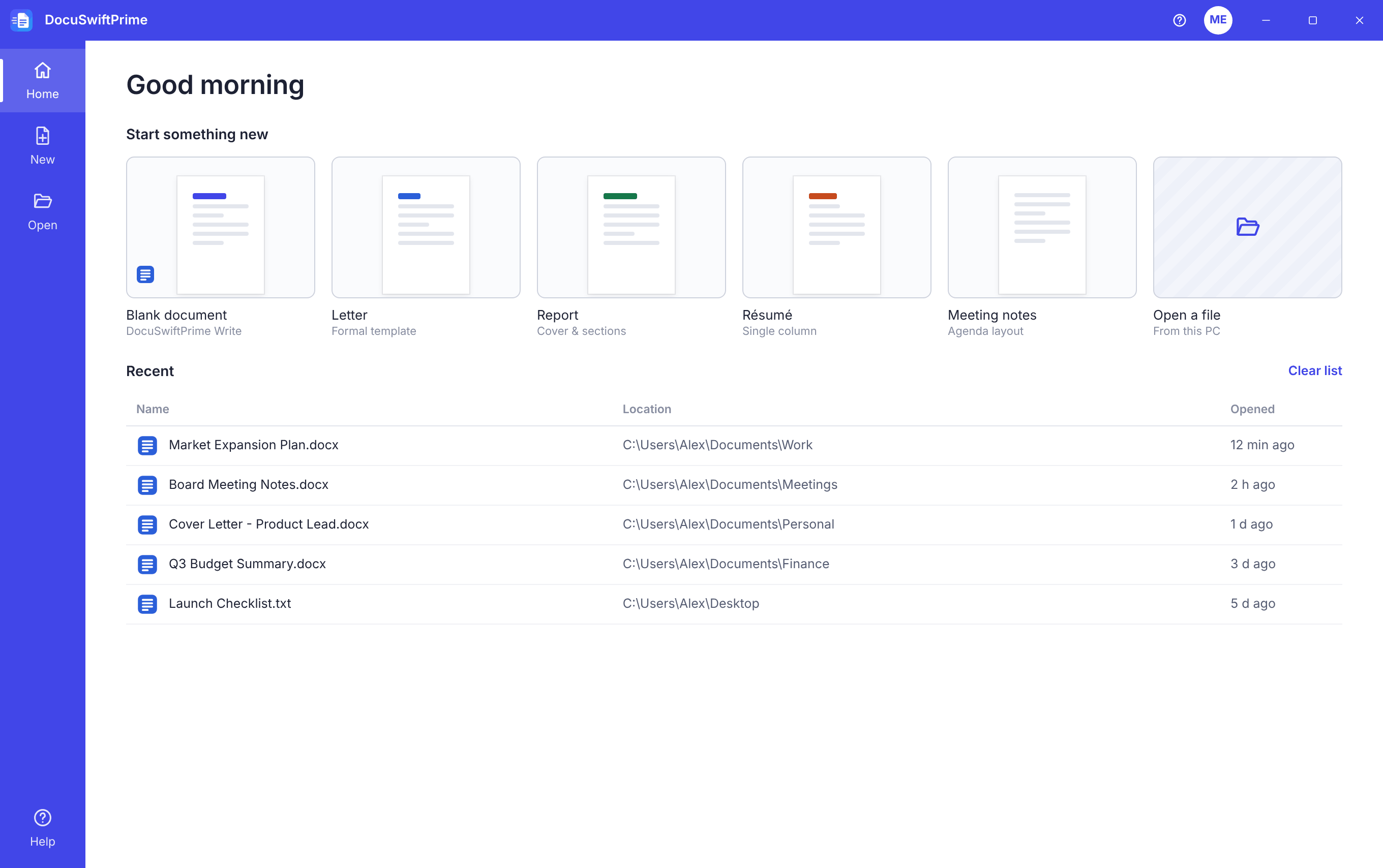DocuSwiftPrime home screen with template tiles and a list of recent documents.